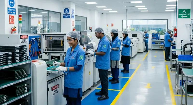 Operators in hairnets, safety glasses and gloves work on a clean electronics assembly line with marked walkways and safety signs